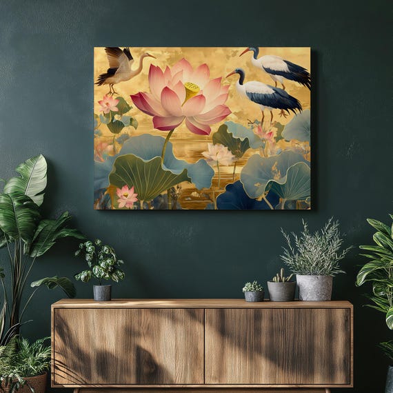 And Ibis Canvas Wall Art Golden Botanical Birds Over Tranquil Water Garden Elegant Nature Decor Print For Bedroom Living Room
