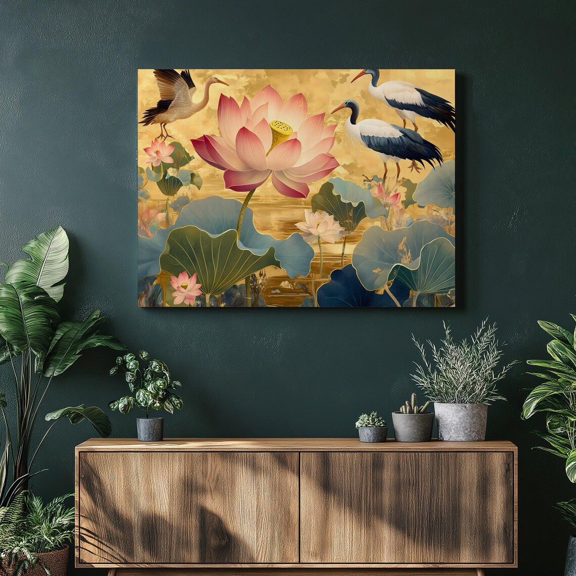 Golden Cranes Pink Lotus Flowers Chinoiserie Elegant Canvas Art Poster