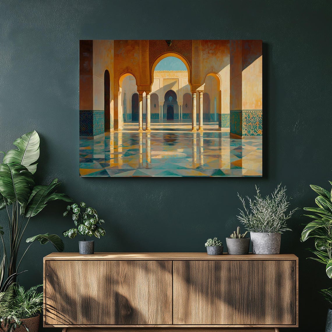 Moroccan Mosque Courtyard Sunlit Arches Columns Teal Fountain Wall Art