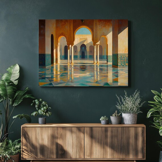 Moroccan Mosque Courtyard Sunlit Arches Columns Teal Fountain Wall Art