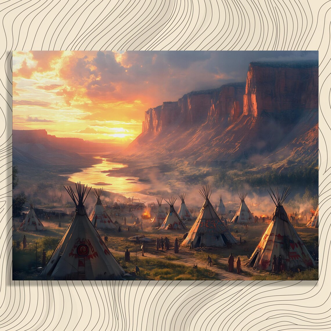 Sunset Tipi Village Art Print, Rustic Landscape