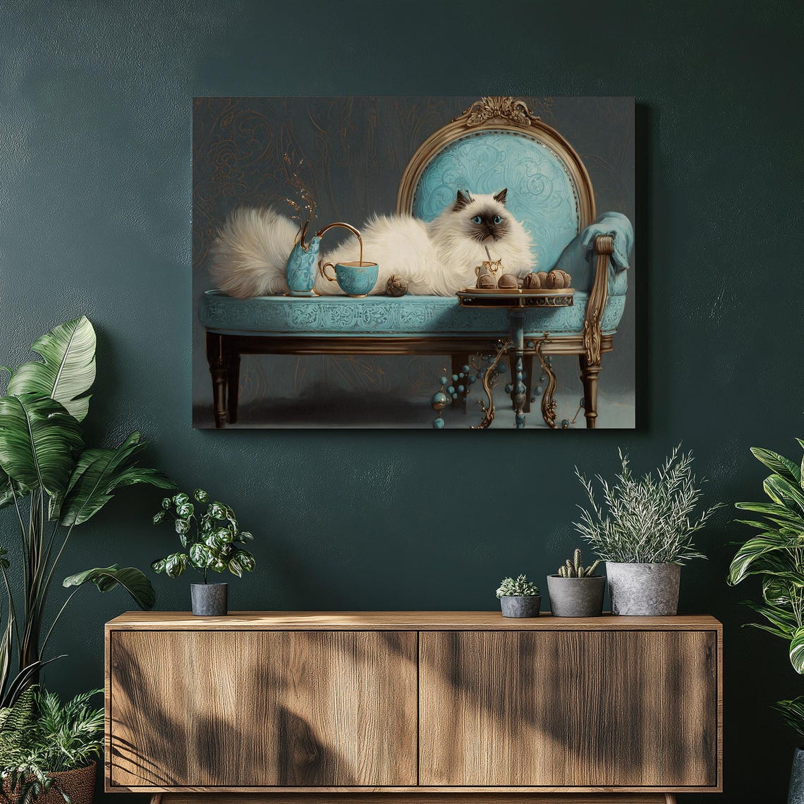 Long Haired Cat on Turquoise Settee Tea Time Elegant Art Poster