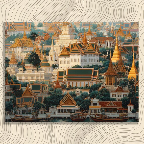 Thai Pagoda Cityscape Canvas Wall Art Buddhist Temple Print Gold Tropical River Scene Chao Phraya Boats Traditional Architecture