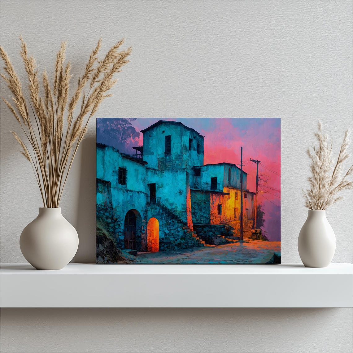 Rustic Village Sunset Stone Houses Impressionist Painting Wall Poster