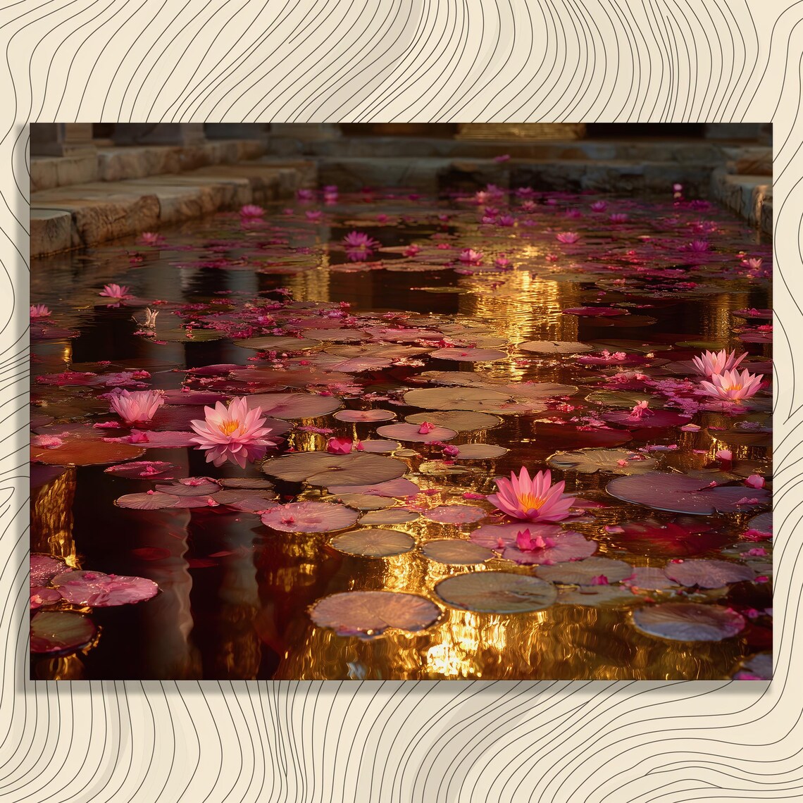 Pink Water Lilies Pond Art Print, Tropical Landscape
