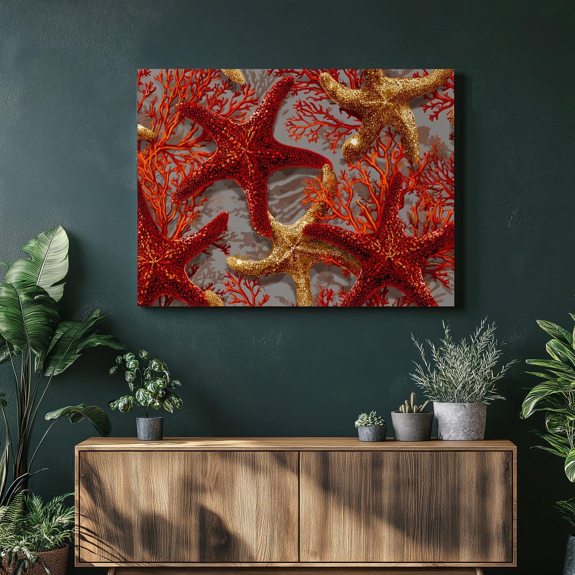 Red Gold Starfish Coral Reef Coastal Beach Nautical Art Poster