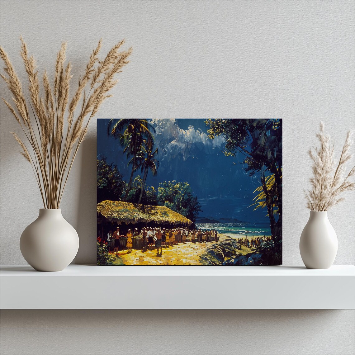 Tropical Beach Night Dance Thatched Hut Palm Party Painting Poster