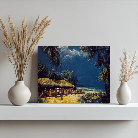 Fiji Canvas Wall Art Stunning Coral Coast Painting Beach Scene Beautiful Souvenir Traditional Kava Ceremony Island Culture Travel Gift Home