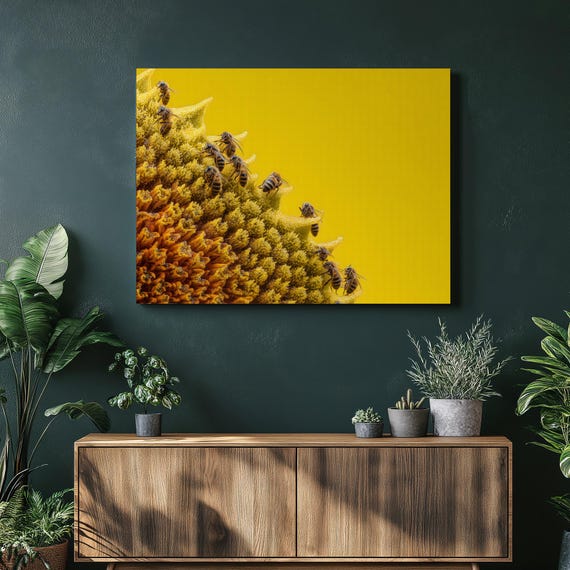Sunflower Bees Macro Canvas Wall Art Vibrant Nature Photography Pollination Closeup Yellow Flower Wildlife Print Colorful