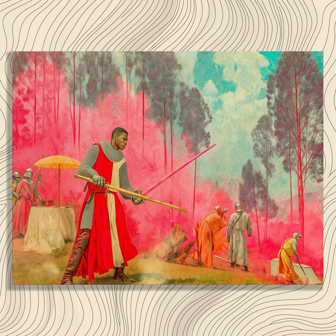 Surreal Medieval Knights Dreamlike Pink Forest Fantasy Wall Art