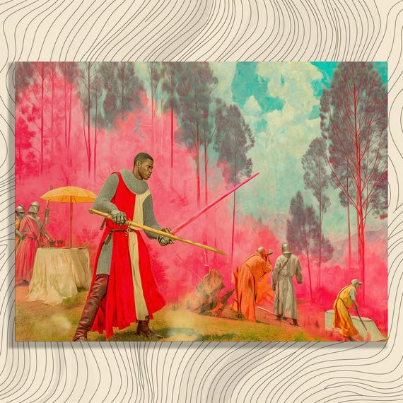 Surreal Medieval Knights Canvas Wall Art Vibrant Forest Painting Fantasy Decor Print Knight Armor Colorful Gift