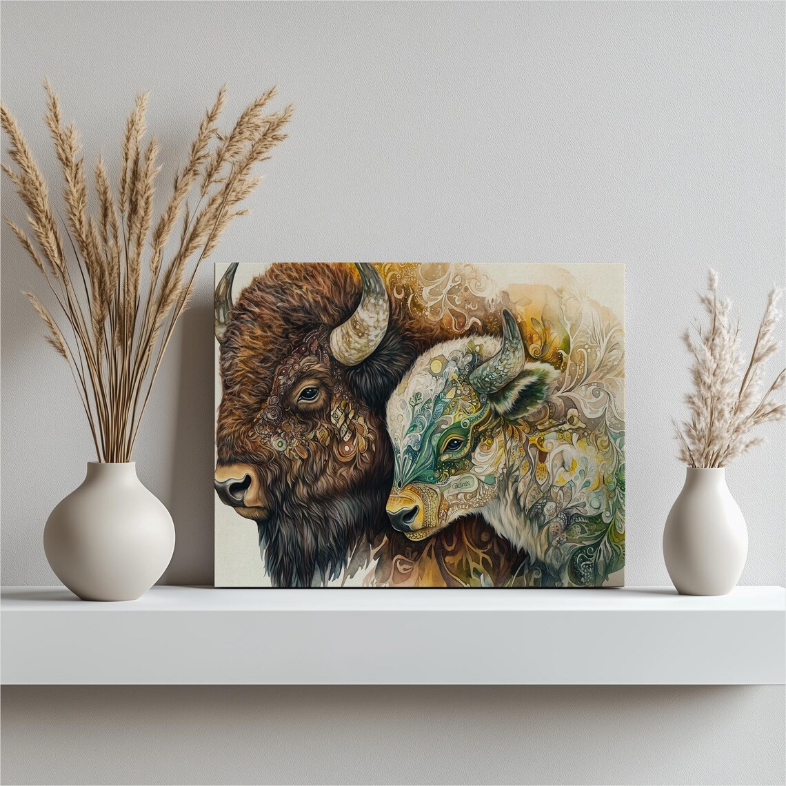 Boho Bison Pair Colorful Floral Paisley Western Wildlife Art Poster