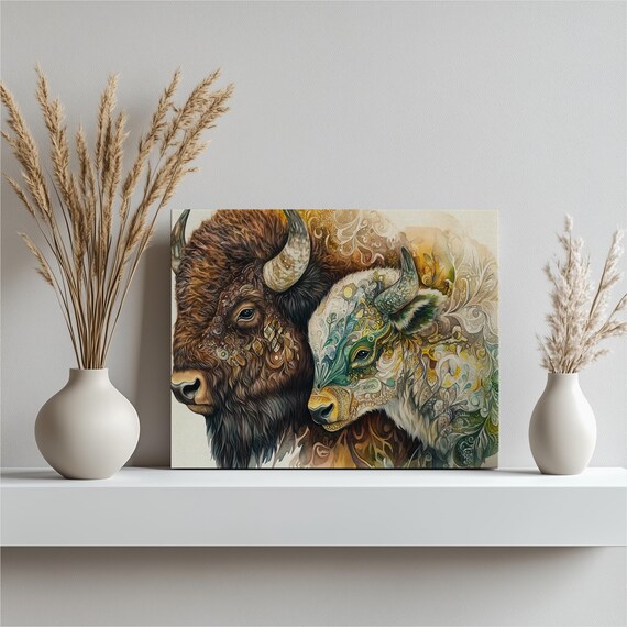Boho Bison Canvas Wall Art Colorful Floral Buffalo Print Rustic Nature Decor For Living Room Bedroom Office Decorative