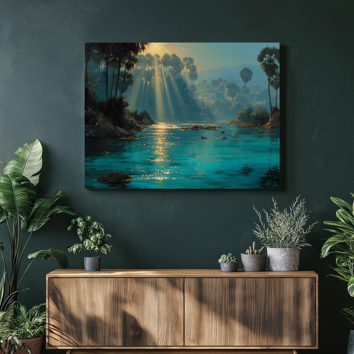 Jungle River Sunrise Golden Light Palms Serene Tropical Nature Poster
