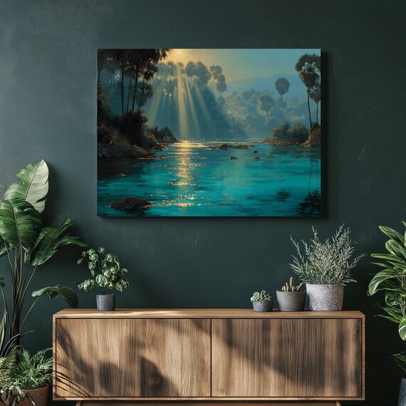 Jungle River Sunrise Golden Light Palms Serene Tropical Nature Poster