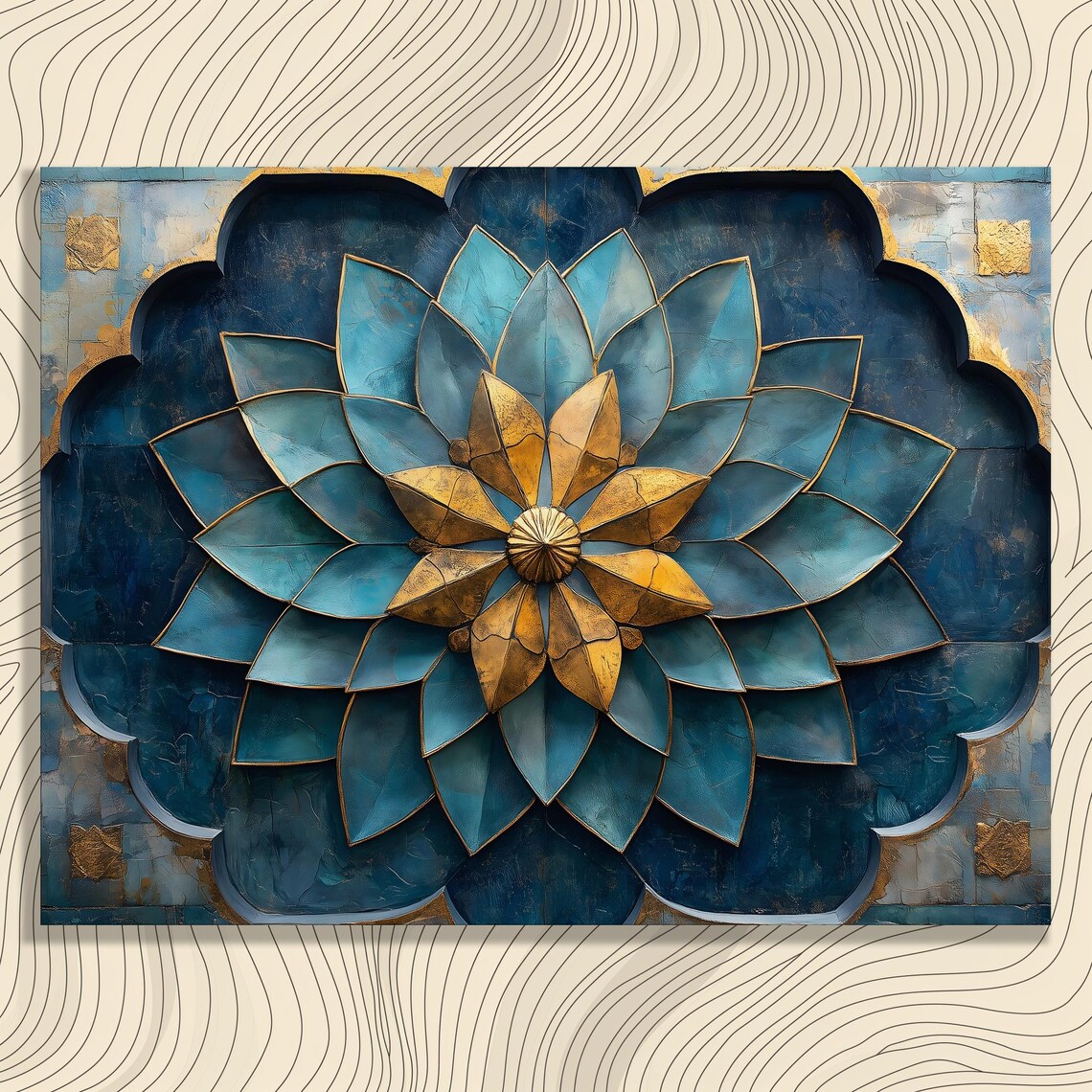 Golden Flower Mandala Blue Petals Geometric Sacred Art Poster