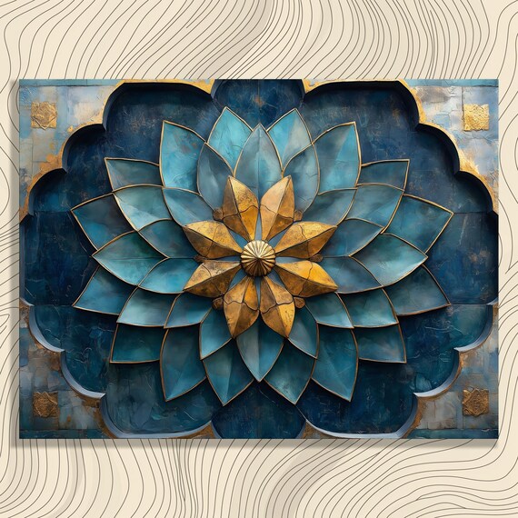 Golden Flower Mandala Canvas Wall Art Abstract Geometric Floral Print Gift Painting Home Decor Modern Boho Eclectic Gold Blue