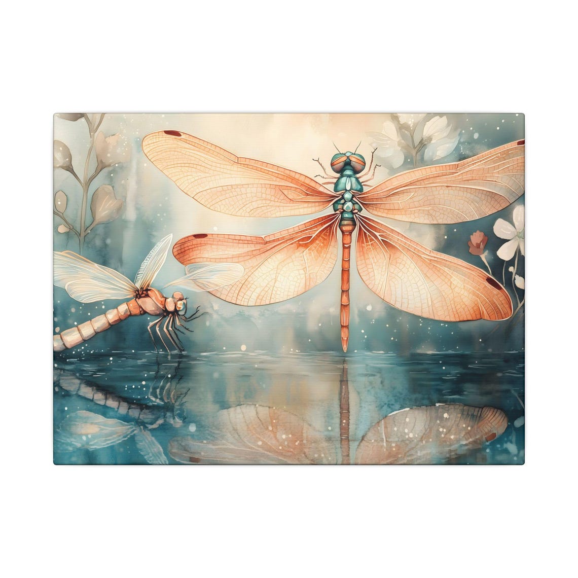 Dragonfly Reflection Canvas Wall Art Serene Pond Nature Decor With Flowers Tranquil Insect Illustration Teal Coral Tones Botanical Gift