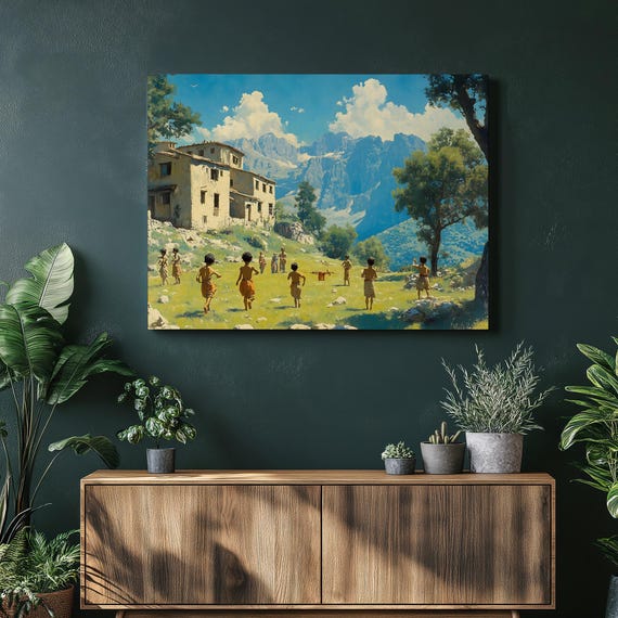 Children Village Landscape Canvas Wall Art Sunlit Mountain Meadow Rustic House Countryside Scene Nostalgic Family Gift Print