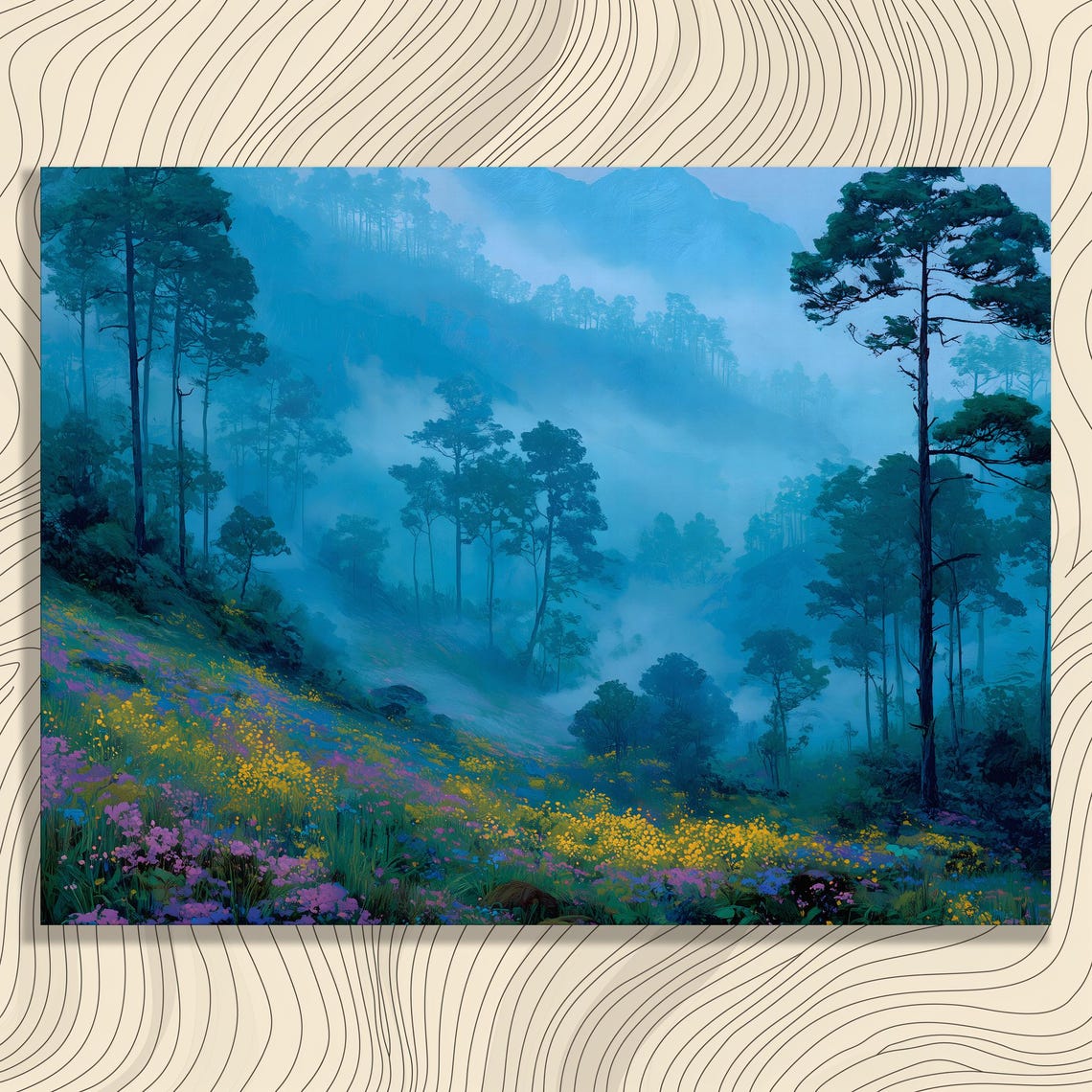 Misty Pine Forest Mountain Wildflower Meadow Blue Haze Wall Art