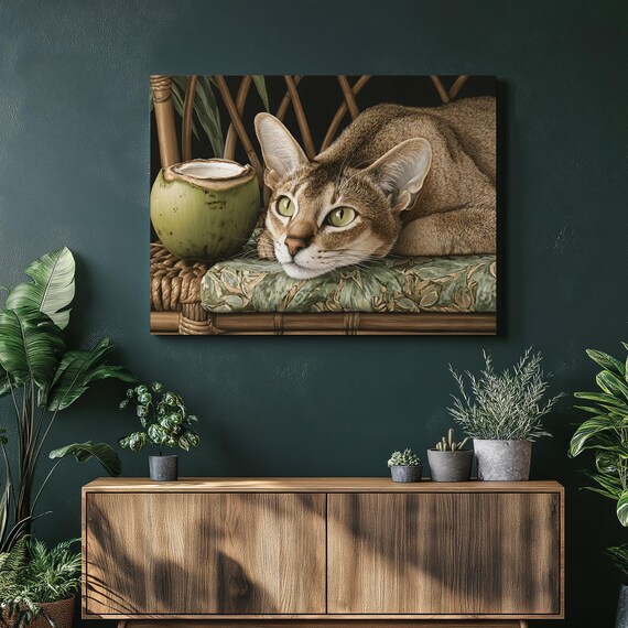 Spotted Cat Lounging Tropical Coconut Rattan Lounger Realistic Cat Print