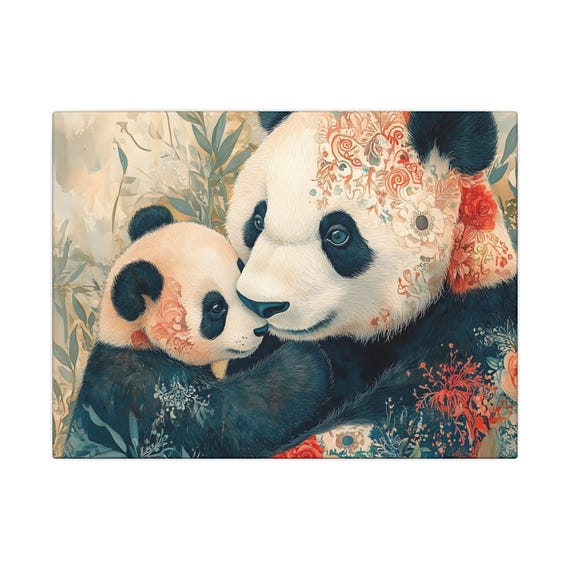 Panda Mother And Cub Canvas Wall Art Floral Botanical Watercolor Illustration In Teal Coral For Nursery Decor Baby Gifts