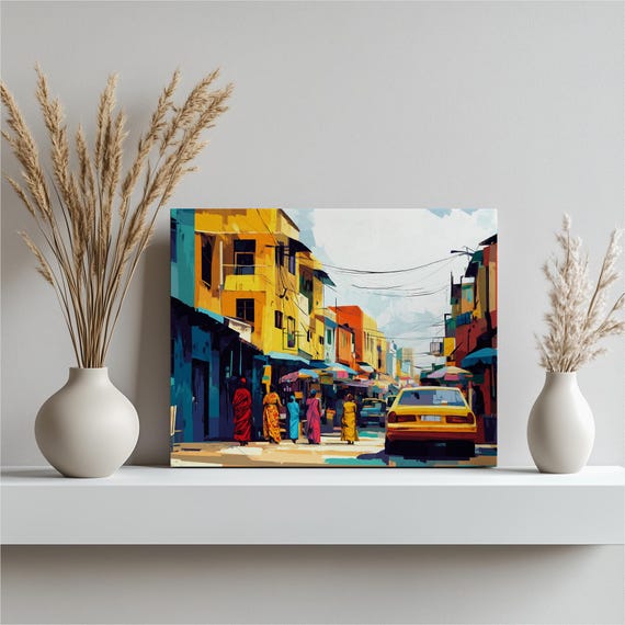 Vibrant Nigeria Canvas Wall Art Lagos City Life Colorful Markets Bold Graphic Style African Home Decor Unique Gift Fine