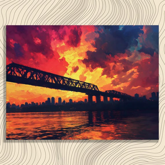 Sunset City Skyline Canvas Wall Art Bridge Silhouette River Reflection Dramatic Sky Clouds Modern Urban Contemporary Cityscape Print
