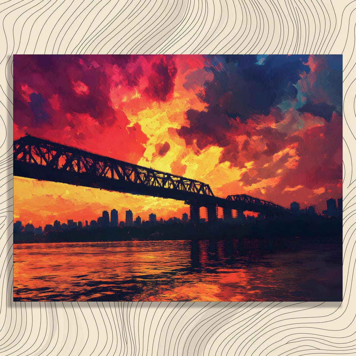 Sunset City Skyline Canvas Wall Art Bridge Silhouette River Reflection Dramatic Sky Clouds Modern Urban Contemporary Cityscape Print