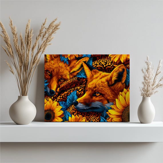 Vibrant Fox Canvas Wall Art Colorful Sunflower Wildlife Illustration Print Decorative Nature Poster Animal Gift Home Decor