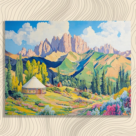 Kyrgyzstan Mountain Landscape With Yurts Art Print