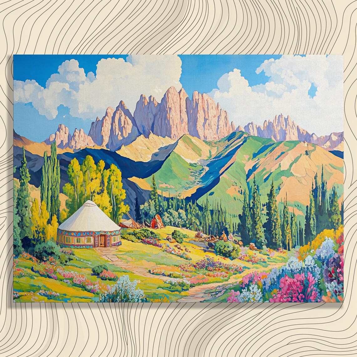 Kyrgyzstan Mountain Landscape With Yurts Art Print