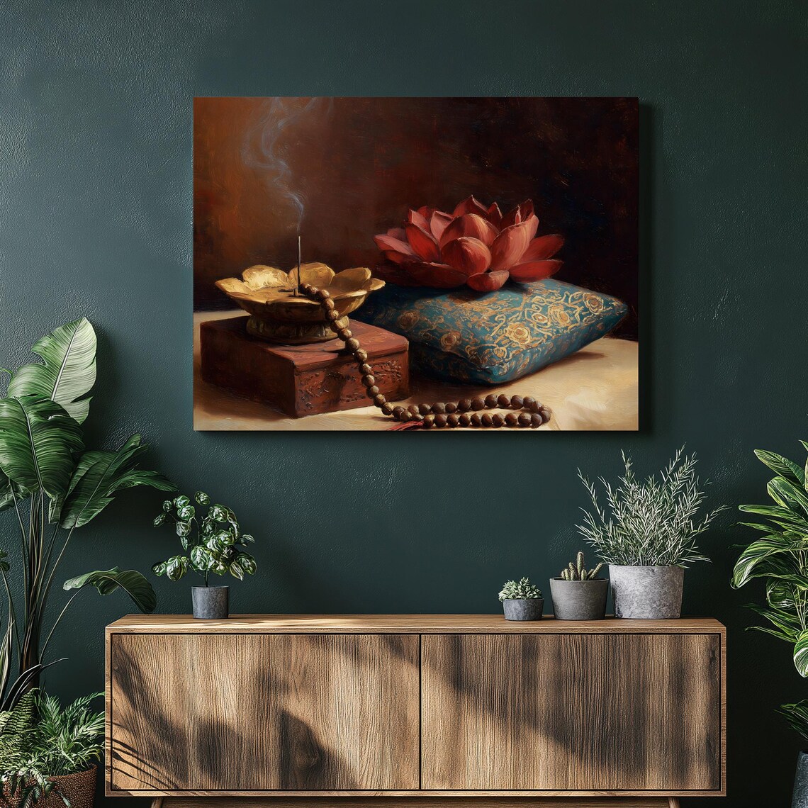 Meditation Still Life Lotus Incense Mala Beads Warm Oil Painting Poster