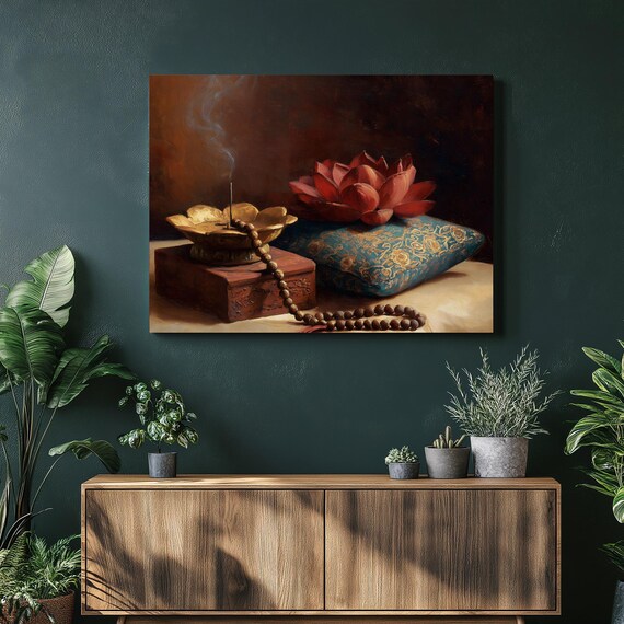 Meditation Canvas Wall Art Vintage Boho Decor With Red Bloom Incense Vessel Mala Prayer Beads Spiritual Gift Print