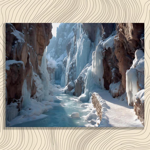 Frozen Waterfall Canvas Wall Art Winter Landscape With Icy River Glacial Canyon And Snowy Cliff In Serene Blue Traditional Nature Decor
