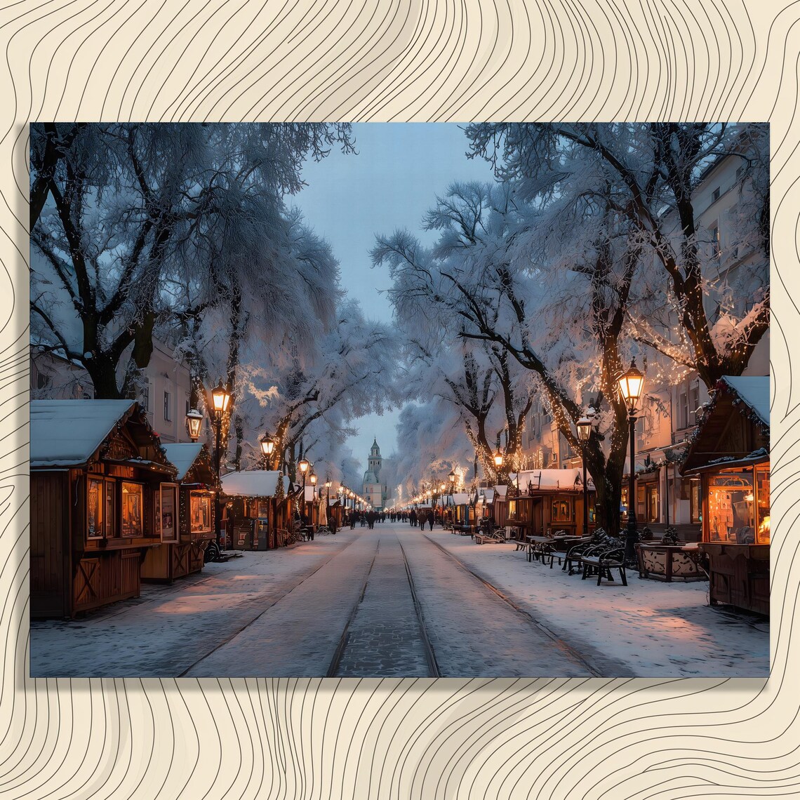 Snowy Christmas Market Street With Glowing Lanterns Winter Poster