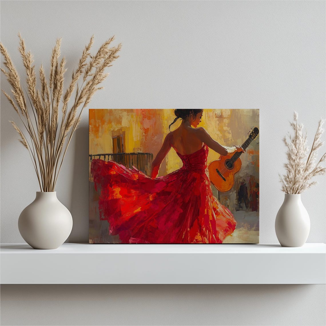 Woman Red Flamenco Dancer Guitar Oil Painting Spanish Poster