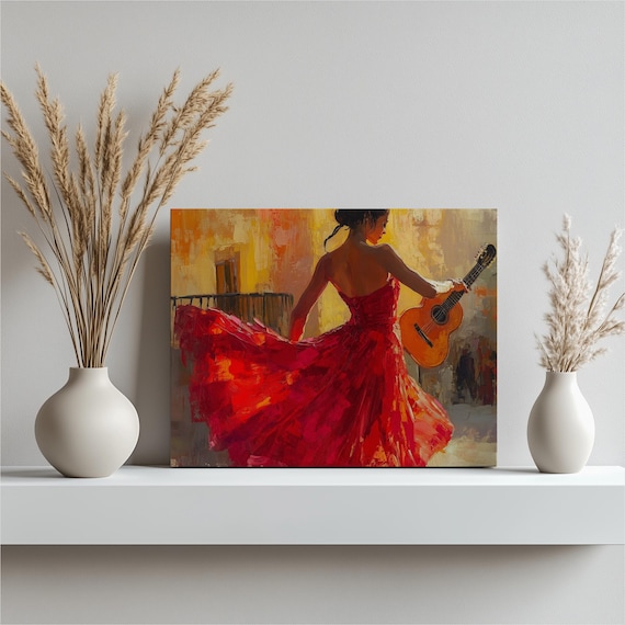 Woman Red Flamenco Dancer Guitar Oil Painting Spanish Poster