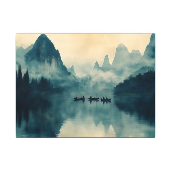 China Guilin Karst River Canvas Wall Art Misty Mountain Landscape Reflections With Fishing Boats Tranquil Foggy Lake Scenery Print Decor