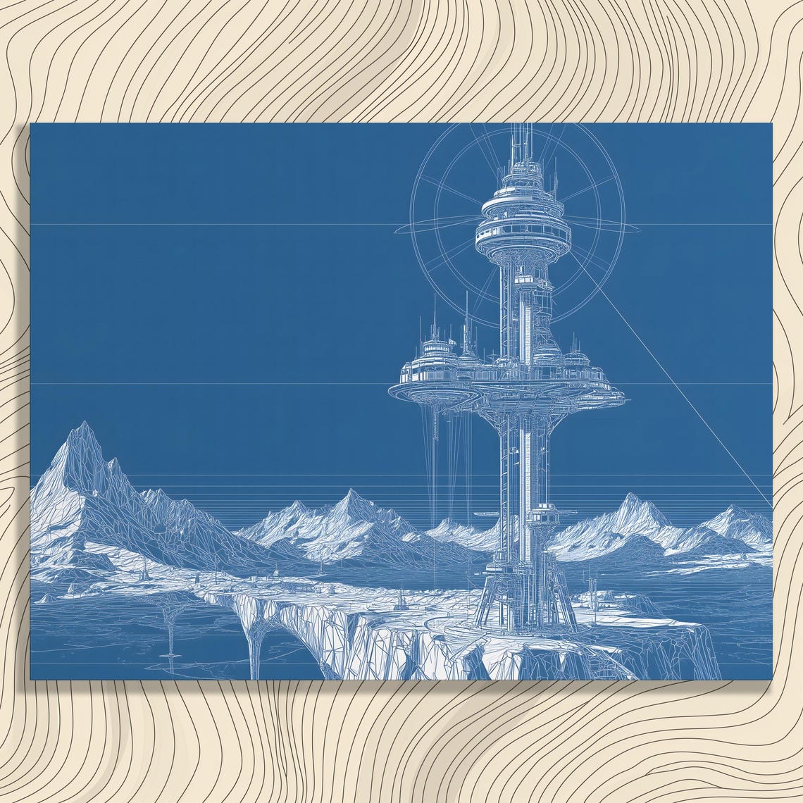 Futuristic Space Tower Blueprint Sci Fi Technical Line Art Poster