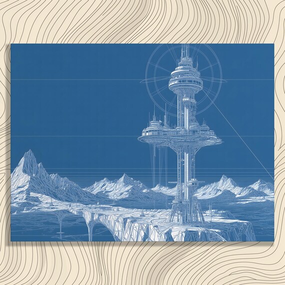 Futuristic Space Tower Canvas Wall Art Blueprint Line Sci Fi Design Station Concept Modern Blue Mountain Skyline Print