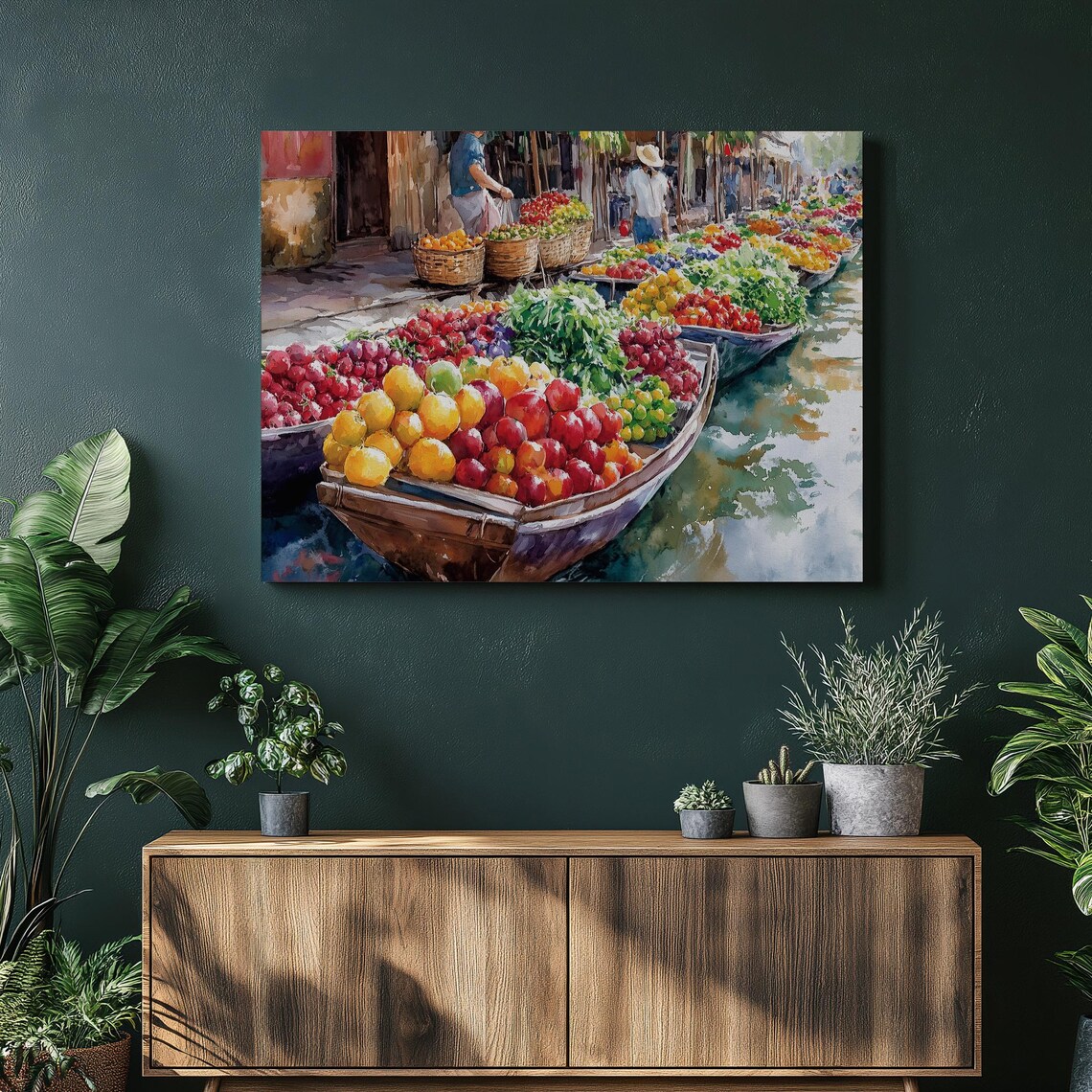 Thailand Floating Market Colorful Fruit Boats Watercolor Poster