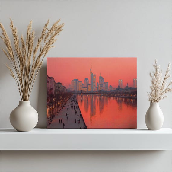 Germany City Skyline Canvas Wall Art Sunset River Urban Landscape Cityscape Modern Print European Metropolitan Decor Illustration