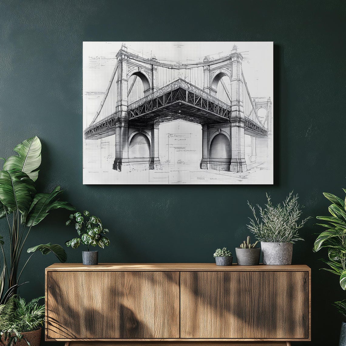 Suspension Bridge Architectural Blueprint Engineering Drawing Wall Art