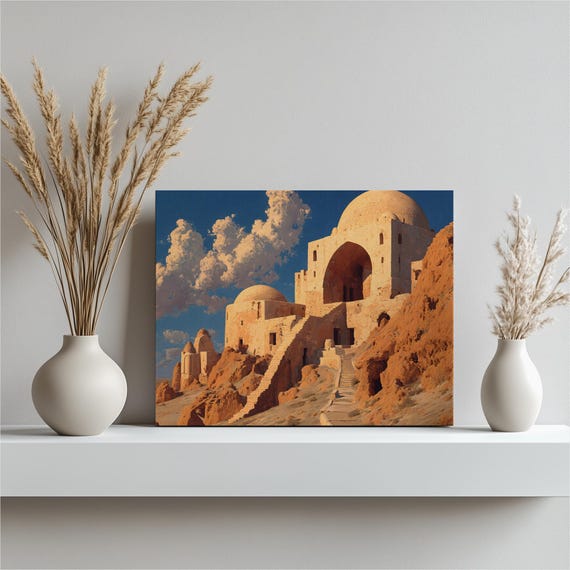Desert Fortress Canvas Wall Art Sunlit Domes And Ancient Architecture Over Sweeping Dunes With Dramatic Blue Sky Clouds Modern Decor Print