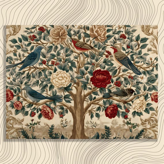 Tree Of Life Canvas Wall Art Vintage Botanical Birds Tapestry Style Peony Rose Flowers Lush Green Leaves Nature Inspired Boho Home Decor
