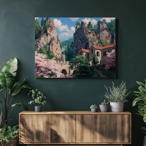 Anime Cherry Blossom Mountain Temple Fantasy Landscape Poster