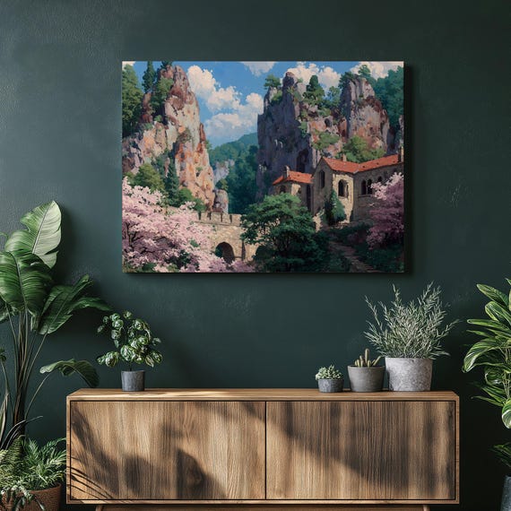 Mountain Cottage Canvas Wall Art Rustic Landscape Print Stone Bridge Cherry Blossom Scenery Forest Hill Nature Decor Country Home