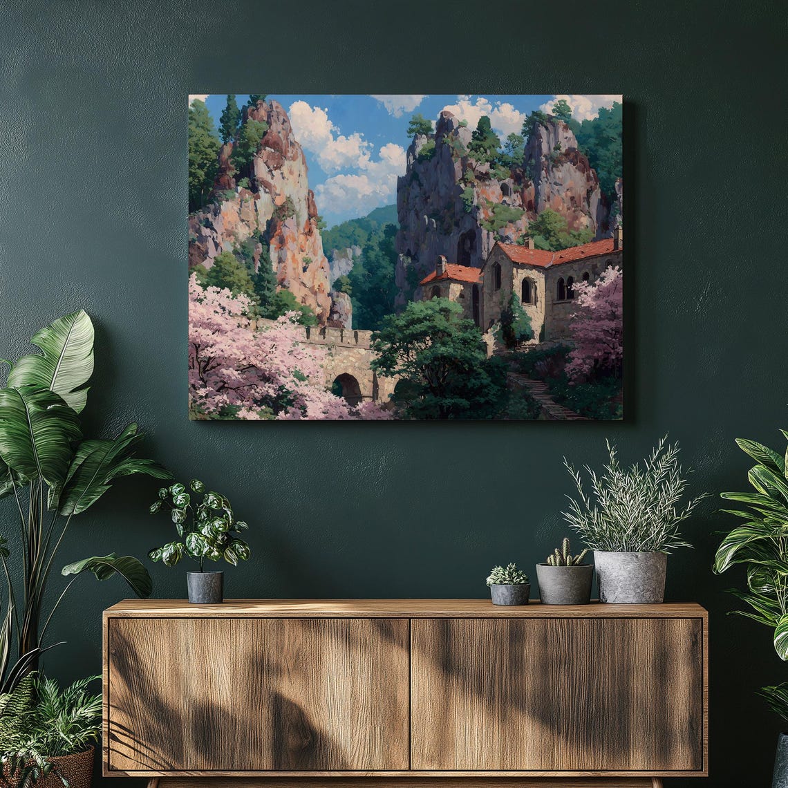 Anime Cherry Blossom Mountain Temple Fantasy Landscape Poster