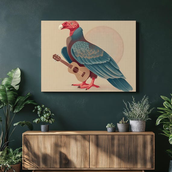 Turkey Vulture Ukulele Canvas Wall Art Modern Surreal Bird Print Music Decor Wildlife Nature Sun Inspired Minimalist Illustration